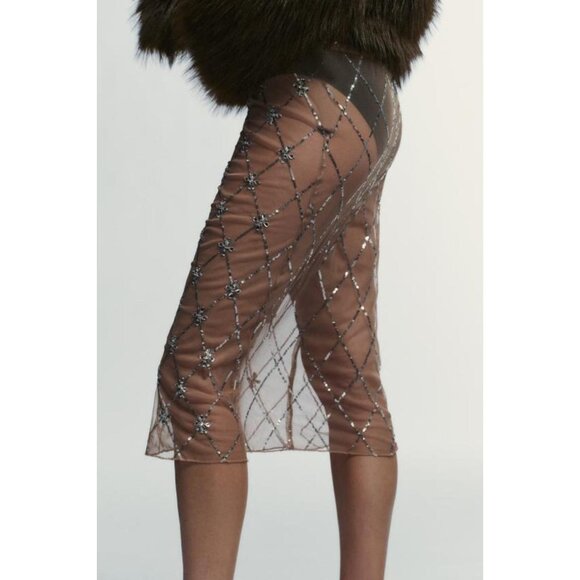 ZARA BEADED EMBROIDERED MIDI SKIRT - Picture 4 of 8